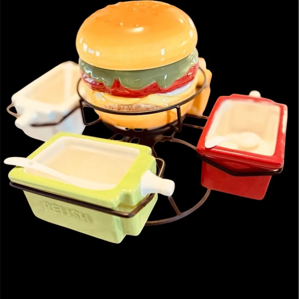 Pier 1 Imports Hand-Painted Earthenware BURGER Condiments Spinner Tray